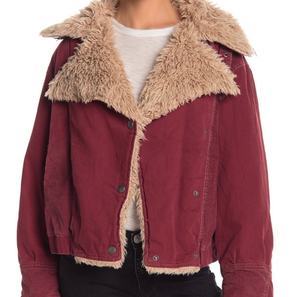 Free People Shearling Fur Denim Bomber Jacket, M